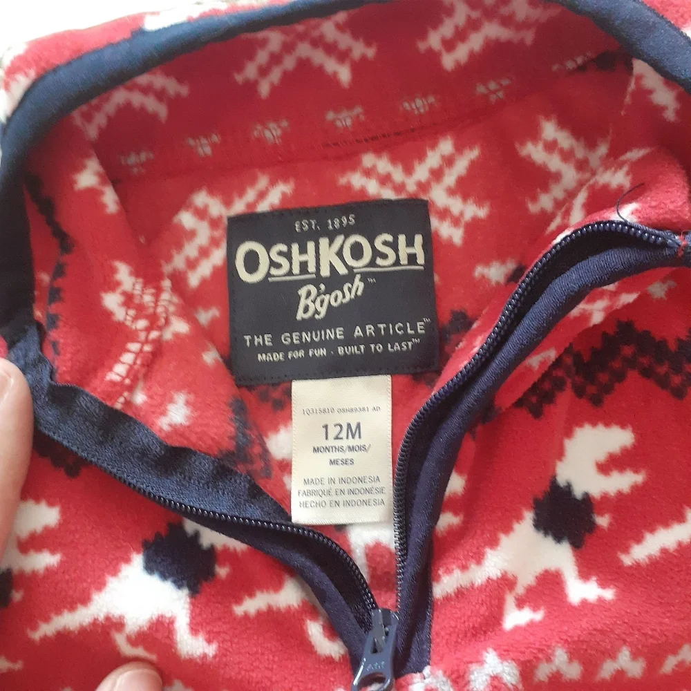 OshKosh B'gosh Red White Dinosaur Christmas Zip Up Pullover Fleece Sweatshirt